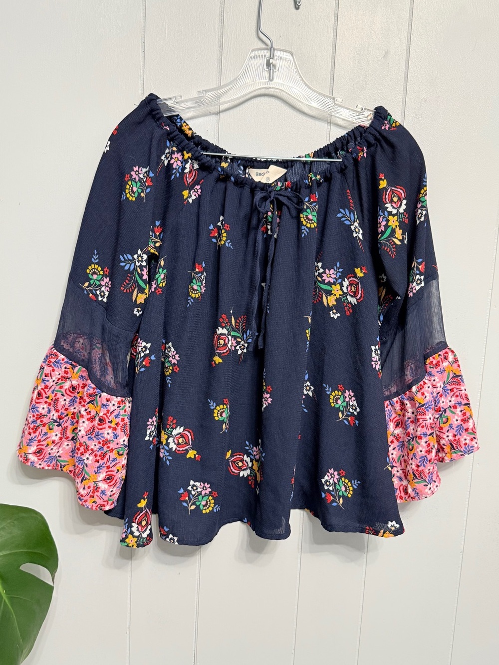 #1)  Rock & indigo Navy Floral Peasant Blouse with Pink Floral Ruffle Sleeves